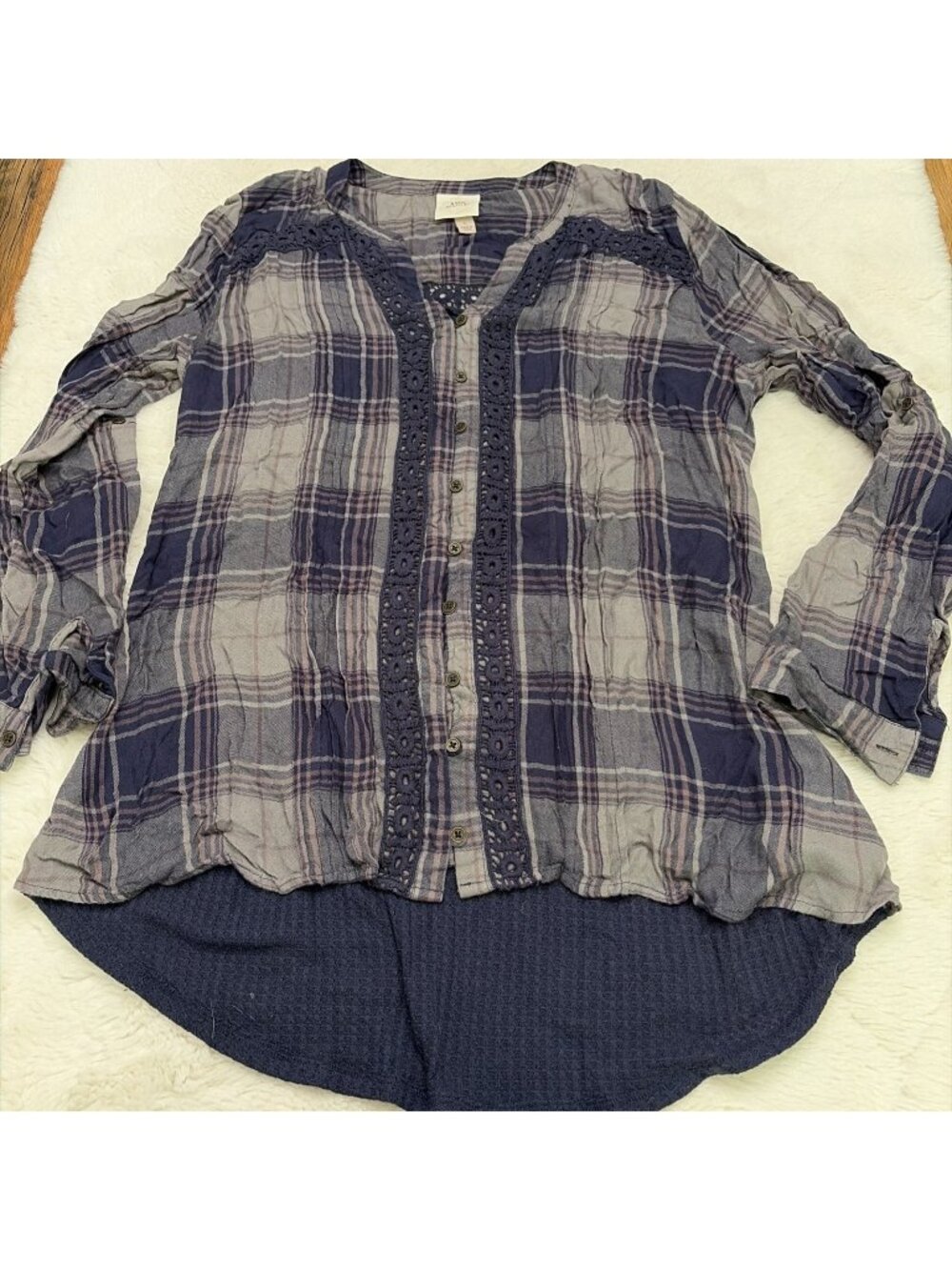 Knox Rose Womens Plaid Button Up Shirt L Crochet Accent